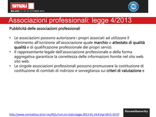 Associazioni professionali: legge 4/2013
Pubblicità delle associazioni professionali
• Le associazioni possono autorizzare i propri associati ad utilizzare il
riferimento all'iscrizione all'associazione quale marchio o attestato di qualità
qualità e di qualificazione professionale dei propri servizi.
• Il rappresentante legale dell'associazione professionale o della forma
aggregativa garantisce la correttezza delle informazioni fornite nel sito web.
sito web.
• Le singole associazioni professionali possono promuovere la costituzione di
costituzione di comitati di indirizzo e sorveglianza sui criteri di valutazione e
http://www.normattiva.it/uri-res/N2Ls?urn:nir:stato:legge:2013-01-14;4!vig=2013-10-07
 
