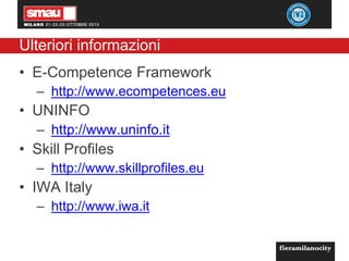 Ulteriori informazioni
• E-Competence Framework
– http://www.ecompetences.eu
• UNINFO
– http://www.uninfo.it
• Skill Profiles
– http://www.skillprofiles.eu
• IWA Italy
– http://www.iwa.it
 