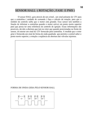 10
     SENSOR HALL ( ROTAÇÃO , FASE E PMS )

          O sensor HALL gera através de um cristal , um sinal pulsante de 12V para
que a centralina ( unidade de comando ) faça o cálculo da rotação, para que o
módulo de controle saiba que o motor está girando. Esse sensor tem também a
função de informar a centralina quando o motor estiver em ponto morto superior
para que possa ter uma referência de controle de ignição. Essas informações são
possíveis, devido a abertura que tem no rotor que quando posicionadas na frente do
sensor, irá aterrar um sinal de 12V fornecido pela centralina. A medida que o rotor
girar é fornecida um sinal de forma de onda quadrada que permite a central saber o
ponto morto superior, a rotação e seqüência de abertura das válvulas injetoras.




FORMA DE ONDA GERA PELO SENSOR HALL




           72°       66°    66°     66°
 