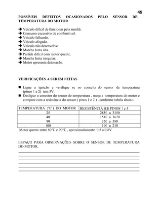 49
POSSÍVEIS DEFEITOS OCASIONADOS                     PELO      SENSOR       DE
TEMPERATURA DO MOTOR

 Veículo difícil de funcionar pela manhã.
 Consumo excessivo de combustível.
 Veículo falhando.
 Veículo afogado.
 Veículo não desenvolve.
 Marcha lenta alta.
 Partida difícil com motor quente.
 Marcha lenta irregular.
 Motor apresenta detonação.



VERIFICAÇÕES A SEREM FEITAS

 Ligue a ignição e verifique se no conector do sensor de temperatura
  (pinos 1 e 2) tem 5V.
 Desligue o conector do sensor de temperatura , meça a temperatura do motor e
  compare com a resistência do sensor ( pinos 1 e 2 ) , conforme tabela abaixo.

TEMPERATURA (°C ) DO MOTOR RESISTÊNCIA (Ω) PINOS 1 e 3
                  25                               2850 a 3150
                  40                               1510 a 1670
                  80                                 350 a 380
                 100                                 190 a 210
Motor quente entre 80°C e 90°C , aproximadamente 0.5 a 0.8V


ESPAÇO PARA OBSERVAÇÕES SOBRE O SENSOR DE TEMPERATURA
DO MOTOR.
 
