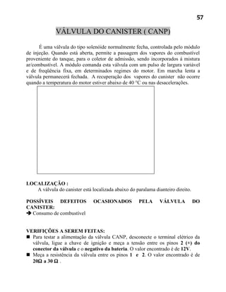 57

             VÁLVULA DO CANISTER ( CANP)

      É uma válvula do tipo solenóide normalmente fecha, controlada pelo módulo
de injeção. Quando está aberta, permite a passagem dos vapores do combustível
proveniente do tanque, para o coletor de admissão, sendo incorporados á mistura
ar/combustível. A módulo comanda esta válvula com um pulso de largura variável
e de freqüência fixa, em determinados regimes do motor. Em marcha lenta a
válvula permanecerá fechada. A recuperação dos vapores do canister não ocorre
quando a temperatura do motor estiver abaixo de 40 °C ou nas desacelerações.




LOCALIZAÇÃO :
   A válvula do canister está localizada abaixo do paralama dianteiro direito.

POSSÍVEIS DEFEITOS             OCASIONADOS           PELA      VÁLVULA           DO
CANISTER:
 Consumo de combustível


VERIFIÇÕES A SEREM FEITAS:
 Para testar a alimentação da válvula CANP, desconecte o terminal elétrico da
  válvula, ligue a chave de ignição e meça a tensão entre os pinos 2 (+) do
  conector da válvula e o negativo da bateria. O valor encontrado é de 12V.
 Meça a resistência da válvula entre os pinos 1 e 2. O valor encontrado é de
  20Ω a 30 Ω .
 