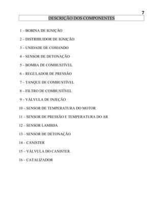 7
                DESCRIÇÃO DOS COMPONENTES

1 – BOBINA DE IGNIÇÃO

2 – DISTRIBUIDOR DE IGNIÇÃO

3 – UNIDADE DE COMANDO

4 – SENSOR DE DETONAÇÃO

5 – BOMBA DE COMBUSTÍVEL

6 – REGULADOR DE PRESSÃO

7 – TANQUE DE COMBUSTÍVEL

8 – FILTRO DE COMBUSTÍVEL

9 – VÁLVULA DE INJEÇÃO

10 – SENSOR DE TEMPERATURA DO MOTOR

11 – SENSOR DE PRESSÃO E TEMPERATURA DO AR

12 – SENSOR LAMBDA

13 – SENSOR DE DETONAÇÃO

14 – CANISTER

15 – VÁLVULA DO CANISTER

16 – CATALIZADOR
 