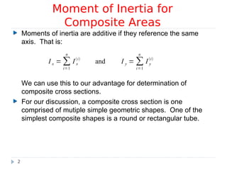 Moment of Inertia for
Composite Areas
Moments of inertia are additive if they reference the same
axis. That is:
We can use this to our advantage for determination of
composite cross sections.
For our discussion, a composite cross section is one
comprised of mutiple simple geometric shapes. One of the
simplest composite shapes is a round or rectangular tube.
I x = ∑
i=1
n
I x
i
and I y = ∑
i=1
n
I y
i
2
 