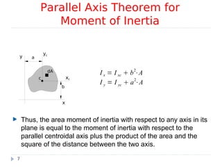 Thus, the area moment of inertia with respect to any axis in its
plane is equal to the moment of inertia with respect to the
parallel centroidal axis plus the product of the area and the
square of the distance between the two axis.
Parallel Axis Theorem for
Moment of Inertia
x
y
b
a
c
dA
yc
xc
I x = I xc  b2
⋅A
I y = I yc  a2
⋅A
7
 