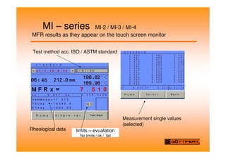 MI – series MI-2 / MI-3 / MI-4
MFR results as they appear on the touch screen monitor
limits – evualation
No limits / ok / fail
Test method acc. ISO / ASTM standard
Rheological data
Measurement single values
(selected)
 