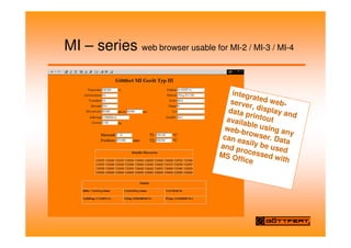 MI – series web browser usable for MI-2 / MI-3 / MI-4
integrated web-
server, display and
data printout
available using any
web-browser. Data
can easily be used
and processed with
MS Office
 