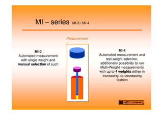 MI – series MI-3 / MI-4
MI-3
Automated measurement
with single weight and
manual selection of such
MI-4
Automated measurement and
test weight selection,
additionally possibility to run
Multi-Weight measurements
with up to 4 weights either in
increasing, or decreasing
fashion
Measurement
 