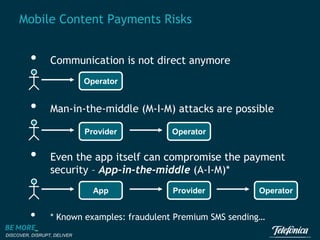 Mobile Content Payments Risks

•

Communication is not direct anymore
Operator
Operator

•

Man-in-the-middle (M-I-M) attacks are possible
Provider
Provider

•

Even the app itself can compromise the payment
security – App-in-the-middle (A-I-M)*
App
App

•

Operator
Operator

Provider
Provider

Operator
Operator

* Known examples: fraudulent Premium SMS sending…

DISCOVER, DISRUPT, DELIVER

 