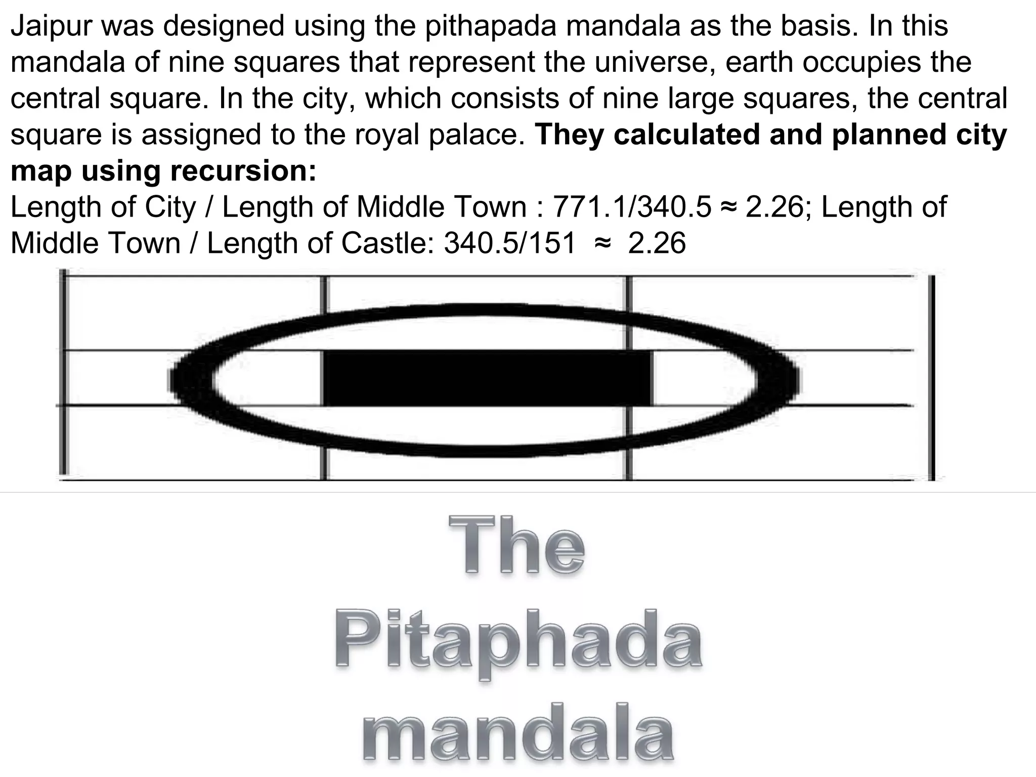 Jaipur was designed using the pithapada mandala as the basis. In this mandala of nine squares that represent the universe, earth occupies the central square. In the city, which consists of nine large squares, the central square is assigned to the royal palace.  They calculated and planned city map using recursion: Length of City / Length of Middle Town : 771.1/340.5 ≈ 2.26; Length of Middle Town / Length of Castle: 340.5/151  ≈  2.26 