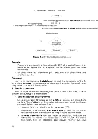 RI [CO]
CO CO + 1
Début
Exécuter l’instruction qui est dans RI
Interrompu
Arrêt
Interruption
Suspension
Suspendu Arrêté
Non
Phase de recherche de l’instruction (Fetch Phase) commune à toutes les
Phase d’exécution (Execute Phase) propre à chaque instru
Cycle indivisible
(L’arrêt ne peut se faire qu’à la fin de la phase d’exécution)
Point observable
Figure 2.1 : Cycle d’exécution du processeur
M.Chenait et B. Zebbane et C. Benzaid
Exemple
 Programme suspendu lors d’une demande d’E/S et le périphérique est en
panne et ne répond pas, ou suspendu par le système pour une durée
déterminée.
 Un programme est interrompu par l’exécution d’un programme plus
prioritaire que lui.
Remarque
Le cycle de processeur est indivisible et ne peut être interrompu qu’à la fin
de la phase Execute (i.e. on exécute au moins une instruction élémentaire d’un
programme pour pouvoir interrompre).
3. Etat du processeur
Il est décrit par le contenu de son registre d’état ou mot d’état (PSW). Le PSW
contient plusieurs types d’informations :
 Etat d’exécution du programme
Le processeur peut être dans un état actif où il exécute des instructions,
ou dans l’état d’attente où l’exécution est suspendue. L’état d’exécution
en un point observable est donné par :
1. L’adresse de la prochaine instruction à exécuter (CO).
2. Les valeurs courantes des codes conditions qui sont des bits utilisés
dans les opérations arithmétiques et comparaisons des opérandes.
3. Le mode d’exécution. Pour des raisons de protection, l’exécution des
instructions et l’accès aux ressources se fait suivant des modes
d’exécution. Ceci est nécessaire pour pouvoir réserver aux seuls
15
 
