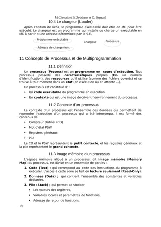 Programme exécutable
Chargeur Processus
Adresse de chargement
M.Chenait et B. Zebbane et C. Benzaid
10.4 Le chargeur (Loader)
Après l’édition de liens, le programme exécutable doit être en MC pour être
exécuté. Le chargeur est un programme qui installe ou charge un exécutable en
MC à partir d’une adresse déterminée par le S.E.
11 Concepts de Processus et de Multiprogrammation
11.1 Définition
Un processus (Process) est un programme en cours d’exécution. Tout
processus possède des caractéristiques propres (Ex. un numéro
d’identification), des ressources qu’il utilise (comme des fichiers ouverts) et se
trouve à tout moment dans un état (en exécution ou en attente …).
Un processus est constitué d’ :
 Un code exécutable du programme en exécution.
 Un contexte qui est une image décrivant l’environnement du processus.
11.2 Contexte d’un processus
Le contexte d’un processus est l’ensemble des données qui permettent de
reprendre l’exécution d’un processus qui a été interrompu. Il est formé des
contenus de :
 Compteur Ordinal (CO)
 Mot d’état PSW
 Registres généraux
 Pile
Le CO et le PSW représentent le petit contexte, et les registres généraux et
la pile représentent le grand contexte.
11.3 Image mémoire d’un processus
L’espace mémoire alloué à un processus, dit image mémoire (Memory
Map) du processus, est divisé en un ensemble de parties :
1. Code (Text) ; qui correspond au code des instructions du programme à
exécuter. L’accès à cette zone se fait en lecture seulement (Read-Only).
2. Données (Data) ; qui contient l’ensemble des constantes et variables
déclarées.
3. Pile (Stack) ; qui permet de stocker
 Les valeurs des registres,
 Variables locales et paramètres de fonctions,
 Adresse de retour de fonctions.
19
 