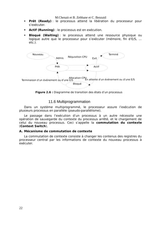 Nouveau
Prêt
Bloqué
Actif
Terminé
Admis Exit
Réquisition CPU
Allocation CPU
Terminaison d’un événement ou d’une E/S En attente d’un événement ou d’une E/S
Figure 2.6 : Diagramme de transition des états d’un processus
M.Chenait et B. Zebbane et C. Benzaid
 Prêt (Ready) : le processus attend la libération du processeur pour
s’exécuter.
 Actif (Running) : le processus est en exécution.
 Bloqué (Waiting) : le processus attend une ressource physique ou
logique autre que le processeur pour s’exécuter (mémoire, fin d’E/S, …
etc.).
11.6 Multiprogrammation
Dans un système multiprogrammé, le processeur assure l’exécution de
plusieurs processus en parallèle (pseudo-parallélisme).
Le passage dans l’exécution d’un processus à un autre nécessite une
opération de sauvegarde du contexte du processus arrêté, et le chargement de
celui du nouveau processus. Ceci s’appelle la commutation du contexte
(Context Switch).
A. Mécanisme de commutation de contexte
La commutation de contexte consiste à changer les contenus des registres du
processeur central par les informations de contexte du nouveau processus à
exécuter.
22
 