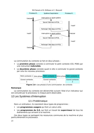 Sauver l’état dans lePCB0
Sauver l’état dans lePCB1
Recharger l’état depuis lePCB1
Recharger l’état depuis lePCB0
.
.
.
.
.
.
Exécuter
Inactif
Exécuter
Exécuter
Inactif
Inactif Interruption ou appel système
Interruption ou appel système
ProcessusP0 Processus P1
Systèmed’exploitation
Petit contexte 1
Grand contexte
1
1ère phase Petit contexte 2
Grand contexte
1
Petit contexte 2
Grand contexte
2
2ème phase
Figure 2.8 : Les phases d’une commutation de contexte
M.Chenait et B. Zebbane et C. Benzaid
La commutation du contexte se fait en deux phases :
 La première phase consiste à commuter le petit contexte (CO, PSW) par
une instruction indivisible.
 La deuxième phase consiste quant à elle à commuter le grand contexte
par celui du nouveau processus.
Remarque
La commutation du contexte est déclenchée suivant l’état d’un indicateur qui
est consulté par le processeur à chaque point observable.
12 Les Systèmes d’Interruption
12.1 Problématique
Dans un ordinateur, ils coexistent deux types de programmes :
 Les programmes usagers qui font un calcul utile.
 Les programmes du S.E. qui font un travail de superviseur de tous les
événements qui arrivent à la machine.
Ces deux types se partagent les ressources communes de la machine et plus
particulièrement le processeur.
23
 