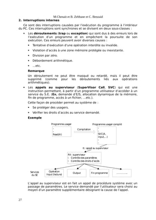M.Chenait et B. Zebbane et C. Benzaid
2. Interruptions internes
Ce sont des interruptions causées par l’exécution du programme à l’intérieur
du PC. Ces interruptions sont synchrones et se divisent en deux sous-classes :
 Les déroutements (trap ou exception) qui sont dus à des erreurs lors de
l’exécution d’un programme et en empêchent la poursuite de son
exécution. Ces erreurs peuvent avoir diverses causes :
 Tentative d’exécution d’une opération interdite ou invalide.
 Violation d’accès à une zone mémoire protégée ou inexistante.
 Division par zéro.
 Débordement arithmétique.
 …etc.
Remarque
Un déroutement ne peut être masqué ou retardé, mais il peut être
supprimé (comme pour les déroutements liés aux opérations
arithmétiques).
 Les appels au superviseur (SuperVisor Call, SVC) qui est une
instruction permettant, à partir d’un programme utilisateur d’accéder à un
service du S.E. (Ex. demande d’E/S, allocation dynamique de la mémoire,
fin de programme, accès à un fichier, …etc.).
Cette façon de procéder permet au système de :
 Se protéger des usagers.
 Vérifier les droits d’accès au service demandé.
Exemple
-
-
Read(A)
Rit : superviseur
Contrôledesparamètres
Contrôledesdroitsd’accès
Opération
Input (lecture)
Output Fin programme …………..
-
-
SVC(A,
input,…)
-
-
Compilation
Programmeusager Programmeusager compilé
It : appel au superviseur
Services
du SE
L’appel au superviseur est en fait un appel de procédure système avec un
passage de paramètres. Le service demandé par l’utilisateur sera choisi au
moyen d’un paramètre supplémentaire désignant la cause de l’appel.
27
 