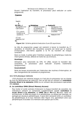 M.Chenait et B. Zebbane et C. Benzaid
Durant l’opération du transfert, le processeur peut exécuter un autre
programme.
Programme
-
-
-
Read(A)
SVC (E/S,…)
Sauvegarder CTXT
CaseCauseof
…
E/ S: Lancele
transfert du 1er
caractère(1)
…
Fin Case
Restaurer CTXT
Fin
Périphérique
- Exécuter letransfert
du caractère(2)
- Générer uneIt àla
fin du transfert (3)
Routined’It
- Sauvegarder CTXT
- Relancer letransfert
si d’autrescaractères
àtransférer
- Restaurer CTXT
Fin
Figure 3.4 : Schéma général d’exécution d’une E/S asynchrone
Le rôle du programme usager est restreint à lancer le transfert du 1er
caractère, le transfert des caractères suivants est lancé par la routine
d’interruption, elle-même appelée à la fin du transfert de chaque
caractère.
Dans ce mode, le pilote gère l’interface coupleur du périphérique, traite les
interruptions émises, détecte et traite les cas d’erreurs.
Avantage
Utilisation plus rationnelle du CPU. En effet, durant le transfert des
caractères, le processeur peut exécuter d’autres traitements
(programmes).
Inconvénient
Perte de temps occasionnée par l’exécution des routines d’interruption, et
des changements de contextes et programmes.
16.2 E/S physique indirecte
L’E/S physique est indirecte lorsque ce n’est plus le processeur qui se charge
du suivi du déroulement de cette E/S. Ceci se fait soit en utilisant un contrôleur
d’accès direct à la mémoire (DMA) ou en utilisant des processeurs spécialisés
dits canaux.
A. Le contrôleur DMA (Direct Memory Access)
Pour éviter à l’unité centrale d’intervenir à chaque transfert de caractère, les
ordinateurs utilisent un composant supplémentaire appelé contrôleur à
accès direct à la mémoire, ou DMA (Direct Memory Access). Selon les
architectures, le DMA est propre à un périphérique, au disque par exemple, ou
partagé par plusieurs périphériques. Il peut être connecté entre un contrôleur
de périphériques et le bus mémoire (Voir Figure 3.5), permettant ainsi aux
périphériques d’accéder à la mémoire sans passer par le CPU.
33
 