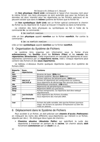 M.Chenait et B. Zebbane et C. Benzaid
Un lien physique (Hard Link) correspond à l’ajout d’un nouveau nom pour
le même fichier. Les liens physiques ne sont autorisés que pour les fichiers de
données (et donc interdits pour les répertoires ou les fichiers spéciaux) et ne
peuvent exister que dans le même système de fichiers que le fichier lié.
Un lien symbolique (Soft Link) est un fichier spécial contenant le chemin
du fichier ou du répertoire lié. Il peut se trouver n’importe où dans la hiérarchie.
La création des liens physiques ou symboliques se fait à l’aide de la
commande ln. La commande :
$ ln nomfich nomlien
crée un lien physique appelé nomlien sur le fichier nomfich. Par contre la
commande :
$ ln -s nomfich nomlien
crée un lien symbolique appelé nomlien sur le fichier nomfich.
5 Organisation du Système de Fichiers
Le système Unix organise son information sous la forme d’une
arborescence ; les feuilles étant les fichiers (Files) et les nœuds des
répertoires (Directories). Cette organisation en cascade de répertoires et sous-
répertoires commence par un répertoire racine, noté /. Chaque répertoire peut
contenir des fichiers et des sous-répertoires.
Le tableau ci-dessous illustre quelques répertoires types d’un système de
fichiers UNIX :
Réperto
ire
Sous-
répertoires
Contenu
/bin Binaires de base. (BINaries)
/sbin Binaires système. (System BINaries)
/dev Fichiers spéciaux de périphériques. (DEVices)
/etc /etc/rc.d
/etc/init.d
Fichiers et répertoires de configuration du système.
Sous-répertoire de démarrage des services sous UNIX.
/lib Bibliothèques standards. (LIBraries)
/mnt Répertoires de périphériques amovibles.
/proc Répertoire dédié aux processus.
/tmp Fichiers temporaires. Ce répertoire doit être nettoyé
régulièrement.
/usr /usr/include
/
usr/share/ma
n
Sous-répertoire des fichiers d’entête.
Sous-répertoire des manuels UNIX.
/var Fichiers de taille variable, tels que les fichiers journaux
(logs), les fichiers du spouleur d'impression ou bien les
mails en attente.
6 Déplacement dans le Système de Fichiers
Pour accéder à un fichier, on doit préciser son chemin d’accès (Pathname)
en indiquant les noms des différents sous-répertoires qui mènent à ce fichier,
séparés par des /. On distingue deux types de chemins :
 Chemins absolus (Absolute Paths) qui spécifient la suite des
répertoires à traverser en partant de la racine. Un chemin absolu doit
forcément commencer par un slash (i.e. /).
42
 