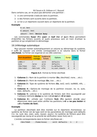 M.Chenait et B. Zebbane et C. Benzaid
Dans certains cas, on ne peut pas démonter une partition :
1. si une commande s’exécute dans la partition,
2. si des fichiers sont ouverts dans la partition,
3. si l’on a un répertoire courant dans un répertoire de la partition.
Exemple
$ cd /mnt
$ umount /mnt
umount: /mnt: Device busy
Les commandes fuser (file user) et lsof (list of open files) permettent
d’identifier les fichiers ouverts et quels processus sont en train d'utiliser la
partition et qui empêchent le démontage.
19.14Montage automatique
Pour pouvoir monter automatiquement un volume au démarrage du système,
il suffit de rajouter une entrée correspondant à ce volume dans le fichier
/etc/fstab. Ce fichier est organisé en six (06) colonnes :
LABEL=/ / ext3 defaults 1 1
none /proc proc defaults 0 0
/dev/hda1 /win ntfs ro,defaults 0 0
/dev/sda1 /mnt/usb vfat rw,user,noauto 0 0
Nom departition Options Dump Check
Point de
montage
Systèmede
fichiers
Figure 4.3 : Format du fichier /etc/fstab
1. Colonne 1 : Nom de la partition à monter (Ex. /dev/hda2, none, …etc.).
2. Colonne 2 : Point de montage (Ex. /var, …etc.).
3. Colonne 3 : Type de système de fichiers (Ex. ext2, ext3, iso9660, ntfs, …
etc.).
4. Colonne 4 : Options de montage de la partition (nouser, rw, ro, auto,
exec, defaults, …etc.).
5. Colonne 5 : précise si le système de fichiers doit être sauvegardé par
l’utilitaire mémoire dump ou non (=1 si oui et =0 si non).
6. Colonne 6 : utilisée par l’utilitaire fsck (file system check) pour
déterminer dans quel ordre vérifier les partitions (=0  ne pas tester et
0  l’ordre de test).
Exemple
La partition /dev/hda5 doit être montée sur le répertoire /home/essai. Le
système de fichier est de type ext3 et les paramètres de montage sont defaults
(i.e. rw, suid, dev, exec, auto, nouser, async). Ce système de fichiers peut être
sauvegardé par dump et sa priorité de vérification (avec fsck) est 2.
L’entrée correspondante dans le fichier /etc/fstab est :
/dev/hda5 /home/essai ext3 defaults 1 2
51
 