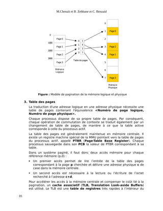 M.Chenait et B. Zebbane et C. Benzaid
Page0
Tabledepages
0
Page1
Page2
Page3
1000
2000
3000
1
0
4
3
7
1
2
3
Page0
Page2
Page1
Page3
0
1
2
3
4
5
6
7
Mémoire
Logique
Mémoire
Physique
Figure : Modèle de pagination de la mémoire logique et physique
3. Table des pages
La traduction d'une adresse logique en une adresse physique nécessite une
table de pages contenant l'équivalence <Numéro de page logique,
Numéro de page physique>.
Chaque processus dispose de sa propre table de pages. Par conséquent,
chaque opération de commutation de contexte se traduit également par un
changement de table de pages, de manière à ce que la table active
corresponde à celle du processus actif.
La table des pages est généralement maintenue en mémoire centrale. Il
existe un registre machine spécial de la MMU pointant vers la table de pages
du processus actif, appelé PTBR (Page-Table Base Register). Chaque
processus sauvegarde dans son PCB la valeur de PTBR correspondant à sa
table.
Dans un système paginé, il faut donc deux accès mémoire pour chaque
référence mémoire (p,d) :
 Un premier accès permet de lire l’entrée de la table des pages
correspondant à la page p cherchée et délivre une adresse physique c de
case dans la mémoire centrale.
 Un second accès est nécessaire à la lecture ou l’écriture de l’octet
recherché à l’adresse c+d.
Pour accélérer les accès à la mémoire centrale et compenser le coût lié à la
pagination, un cache associatif (TLB, Translation Look-aside Buffers)
est utilisé. Le TLB est une table de registres très rapides à l’intérieur du
81
 