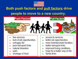 Both push factors and pull factors drive
people to move to a new country.