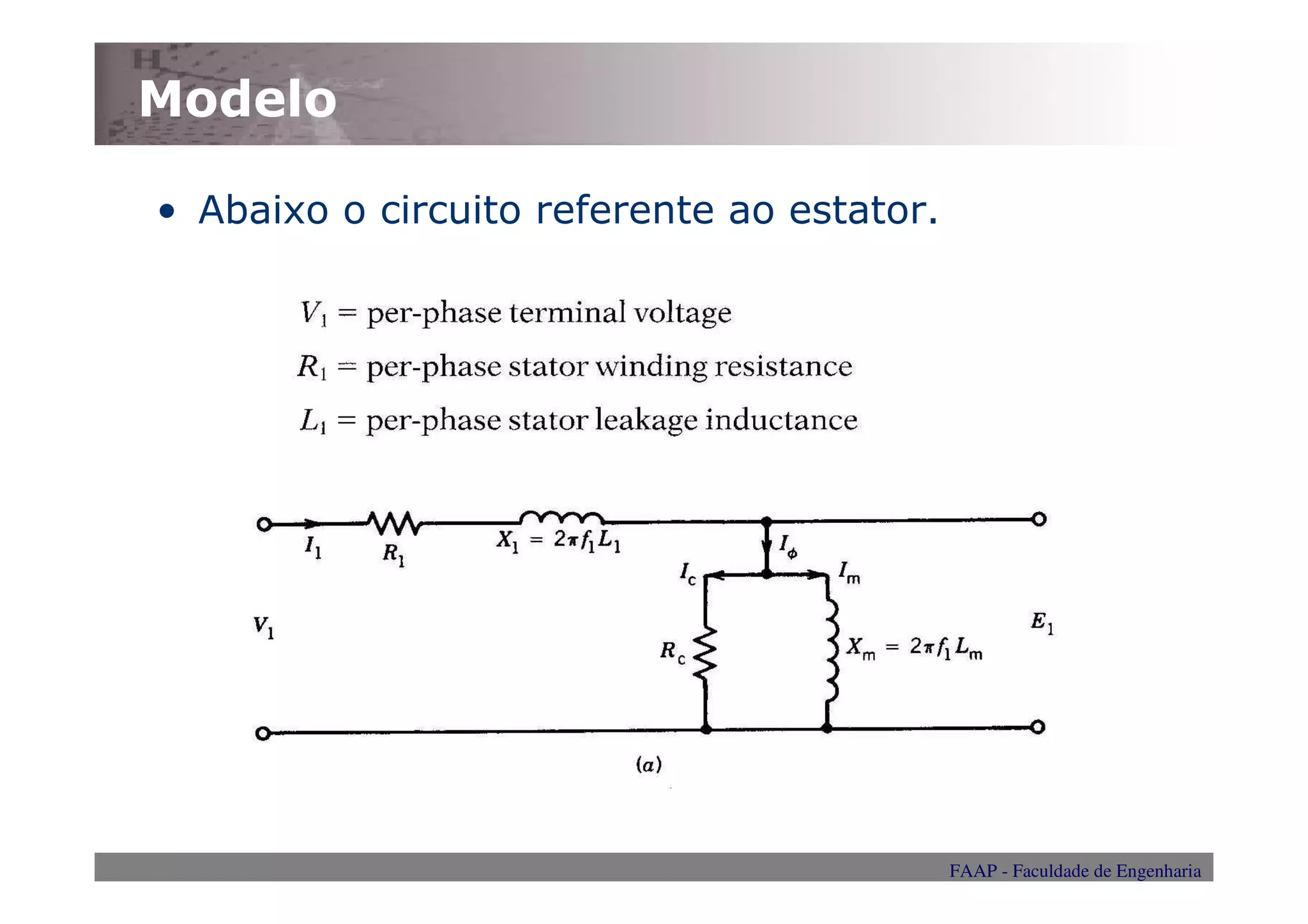 Modelo

• Abaixo o circuito referente ao estator.




                                            FAAP - Faculdade de Engenharia
 