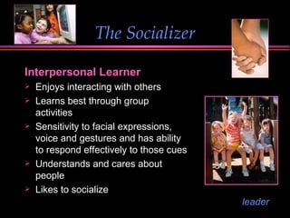 The Socializer Interpersonal Learner Enjoys interacting with others Learns best through group activities Sensitivity to facial expressions, voice and gestures and has ability to respond effectively to those cues Understands and cares about people Likes to socialize leader 