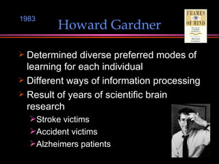 Howard Gardner Determined diverse preferred modes of learning for each individual Different ways of information processing Result of years of scientific brain research Stroke victims Accident victims Alzheimers patients 1983 
