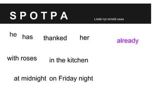 S P O T P A
thanked
at midnight
her
in the kitchen
hashe
with roses
on Friday night
already
Lisää nyt sinistä osaa
 