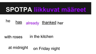 SPOTPA liikkuvat ää
thanked
at midnight
her
in the kitchen
hashe
with roses
on Friday night
already
 