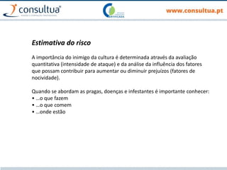 Estimativa do risco
A importância do inimigo da cultura é determinada através da avaliação
quantitativa (intensidade de ataque) e da análise da influência dos fatores
que possam contribuir para aumentar ou diminuir prejuízos (fatores de
nocividade).
Quando se abordam as pragas, doenças e infestantes é importante conhecer:
• …o que fazem
• …o que comem
• …onde estão
 