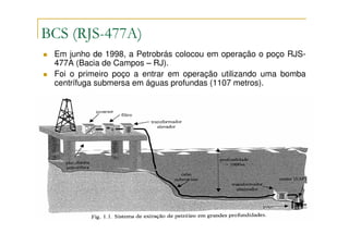 BCS (RJS-477A)
 Em junho de 1998, a Petrobrás colocou em operação o poço RJS-
 477A (Bacia de Campos – RJ).
 Foi o primeiro poço a entrar em operação utilizando uma bomba
 centrífuga submersa em águas profundas (1107 metros).
 