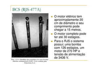 BCS (RJS-477A)
                 O motor elétrico tem
                 aproximadamente 20
                 cm de diâmetro e seu
                 comprimento pode
                 chegar a 15 metros.
                 O motor completo pode
                 ter até 30 estágios.
                 Para o RJS o sistema
                 possui; uma bomba
                 com 126 estágios, um
                 motor de 270 HP e
                 tensão de alimentação
                 de 3436 V.
 