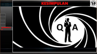 Agensi perisikan merupakan organisasi kerajaan yang bertanggungjawab untuk mengenalpasti dan mengurangkan potensi
ancaman kepada keselamatan sesebuah negara.
Melalui aktiviti pelbagai cara yang giat, agensi risikan di pelbagai negara mampu untuk mengumpulkan maklumat dan
menjalankan operasi rahsia dalam misi mereka untuk melindungi rakyat, undang – undang dan menegakkan dasar luar
sesebuah negara.
Kemajuan yang belum pernah terjadi sebelumnya dalam teknologi dan komunikasi pada abad ke-20, digabungkan dengan
konflik yang dicipta oleh kemunculan kuasa – kuasa besar global, mengubah cara sesebuah negara untuk terus
mengekalkan keamanan.
Negara – negara membangun seperti Malaysia juga telah lama dalam membentuk organisasi perisikan yang beroperasi di
luar undang – undang dalam mempertahankan tanah air.
KESIMPULA
N
KESIMPULAN
 