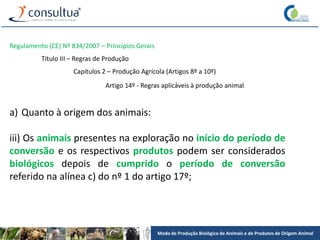 Modo de Produção Biológico de Animais e de Produtos de Origem Animal
Regulamento (CE) Nº 834/2007 – Princípios Gerais
Título III – Regras de Produção
Capítulos 2 – Produção Agrícola (Artigos 8º a 10º)
Artigo 14º - Regras aplicáveis à produção animal
a) Quanto à origem dos animais:
iii) Os animais presentes na exploração no início do período de
conversão e os respectivos produtos podem ser considerados
biológicos depois de cumprido o período de conversão
referido na alínea c) do nº 1 do artigo 17º;
 