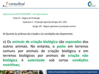 Modo de Produção Biológico de Animais e de Produtos de Origem Animal
Regulamento (CE) Nº 834/2007 – Princípios Gerais
Título III – Regras de Produção
Capítulos 2 – Produção Agrícola (Artigos 8º a 10º)
Artigo 14º - Regras aplicáveis à produção animal
b) Quanto às práticas de criação e às condições de alojamento:
v) Os animais de criação biológica são separados dos
outros animais. No entanto, o pasto em terrenos
comuns por animais de criação biológica e em
terrenos biológicos por animais de criação não
biológica é autorizado sob certas condições
restritivas;
 