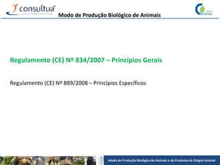 Modo de Produção Biológico de Animais e de Produtos de Origem Animal
Regulamento (CE) Nº 834/2007 – Princípios Gerais
Regulamento (CE) Nº 889/2008 – Princípios Específicos
Modo de Produção Biológico de Animais
 