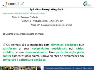 Modo de Produção Biológico de Animais e de Produtos de Origem Animal
Agricultura Biológica/Legislação
Regulamento (CE) Nº 834/2007 – Princípios Gerais
Título III – Regras de Produção
Capítulos 2 – Produção Agrícola (Artigos 8º a 10º)
Artigo 14º - Regras aplicáveis à produção animal
d) Quanto aos alimentos para animais:
ii) Os animais são alimentados com alimentos biológicos que
satisfaçam as suas necessidades nutricionais nos vários
estádios do seu desenvolvimento. Uma parte da ração pode
conter alimentos para animais provenientes de explorações em
conversão à agricultura biológica;
 
