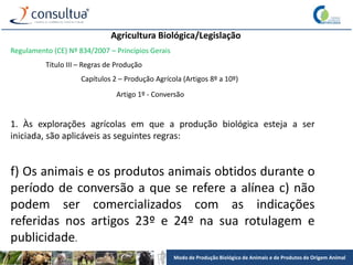 Modo de Produção Biológico de Animais e de Produtos de Origem Animal
Agricultura Biológica/Legislação
Regulamento (CE) Nº 834/2007 – Princípios Gerais
Título III – Regras de Produção
Capítulos 2 – Produção Agrícola (Artigos 8º a 10º)
Artigo 1º - Conversão
1. Às explorações agrícolas em que a produção biológica esteja a ser
iniciada, são aplicáveis as seguintes regras:
f) Os animais e os produtos animais obtidos durante o
período de conversão a que se refere a alínea c) não
podem ser comercializados com as indicações
referidas nos artigos 23º e 24º na sua rotulagem e
publicidade.
 