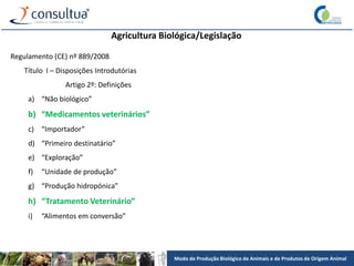 Modo de Produção Biológico de Animais e de Produtos de Origem Animal
Agricultura Biológica/Legislação
Regulamento (CE) nº 889/2008
Título I – Disposições Introdutórias
Artigo 2º: Definições
a) “Não biológico”
b) “Medicamentos veterinários”
c) “Importador”
d) “Primeiro destinatário”
e) “Exploração”
f) “Unidade de produção”
g) “Produção hidropónica”
h) “Tratamento Veterinário”
i) “Alimentos em conversão”
 