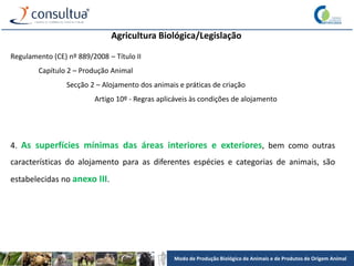 Modo de Produção Biológico de Animais e de Produtos de Origem Animal
Agricultura Biológica/Legislação
Regulamento (CE) nº 889/2008 – Título II
Capítulo 2 – Produção Animal
Secção 2 – Alojamento dos animais e práticas de criação
Artigo 10º - Regras aplicáveis às condições de alojamento
4. As superfícies mínimas das áreas interiores e exteriores, bem como outras
características do alojamento para as diferentes espécies e categorias de animais, são
estabelecidas no anexo III.
 