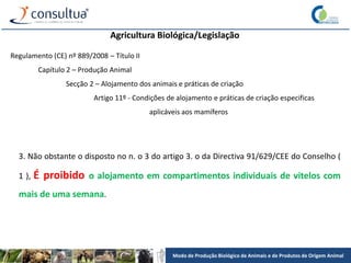 Modo de Produção Biológico de Animais e de Produtos de Origem Animal
Agricultura Biológica/Legislação
Regulamento (CE) nº 889/2008 – Título II
Capítulo 2 – Produção Animal
Secção 2 – Alojamento dos animais e práticas de criação
Artigo 11º - Condições de alojamento e práticas de criação especificas
aplicáveis aos mamíferos
3. Não obstante o disposto no n. o 3 do artigo 3. o da Directiva 91/629/CEE do Conselho (
1 ), É proibido o alojamento em compartimentos individuais de vitelos com
mais de uma semana.
 