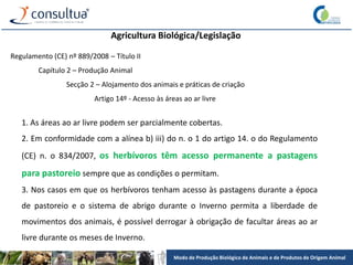 Modo de Produção Biológico de Animais e de Produtos de Origem Animal
Agricultura Biológica/Legislação
Regulamento (CE) nº 889/2008 – Título II
Capítulo 2 – Produção Animal
Secção 2 – Alojamento dos animais e práticas de criação
Artigo 14º - Acesso às áreas ao ar livre
1. As áreas ao ar livre podem ser parcialmente cobertas.
2. Em conformidade com a alínea b) iii) do n. o 1 do artigo 14. o do Regulamento
(CE) n. o 834/2007, os herbívoros têm acesso permanente a pastagens
para pastoreio sempre que as condições o permitam.
3. Nos casos em que os herbívoros tenham acesso às pastagens durante a época
de pastoreio e o sistema de abrigo durante o Inverno permita a liberdade de
movimentos dos animais, é possível derrogar à obrigação de facultar áreas ao ar
livre durante os meses de Inverno.
 