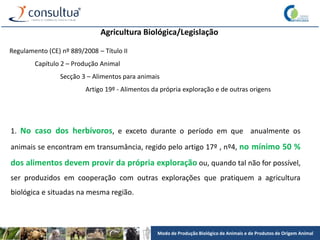 Modo de Produção Biológico de Animais e de Produtos de Origem Animal
Agricultura Biológica/Legislação
Regulamento (CE) nº 889/2008 – Título II
Capítulo 2 – Produção Animal
Secção 3 – Alimentos para animais
Artigo 19º - Alimentos da própria exploração e de outras origens
1. No caso dos herbívoros, e exceto durante o período em que anualmente os
animais se encontram em transumância, regido pelo artigo 17º , nº4, no mínimo 50 %
dos alimentos devem provir da própria exploração ou, quando tal não for possível,
ser produzidos em cooperação com outras explorações que pratiquem a agricultura
biológica e situadas na mesma região.
 