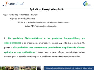 Modo de Produção Biológico de Animais e de Produtos de Origem Animal
Agricultura Biológica/Legislação
Regulamento (CE) nº 889/2008 – Título II
Capítulo 2 – Produção Animal
Secção 4 –Prevenção das doenças e tratamentos veterinários
Artigo 24º - Tratamentos veterinários
2. Os produtos fitoterapêuticos e os produtos homeopáticos, os
oligoelementos e os produtos enumerados no anexo V, ponto 1, e no anexo VI,
ponto 3, são preferidos aos tratamentos veterinários alopáticos de síntese
química e aos antibióticos, desde que os seus efeitos terapêuticos sejam
eficazes para a espécie animal e para o problema a que o tratamento se destina.
 