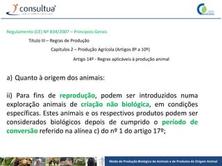 Modo de Produção Biológico de Animais e de Produtos de Origem Animal
Regulamento (CE) Nº 834/2007 – Princípios Gerais
Título III – Regras de Produção
Capítulos 2 – Produção Agrícola (Artigos 8º a 10º)
Artigo 14º - Regras aplicáveis à produção animal
a) Quanto à origem dos animais:
ii) Para fins de reprodução, podem ser introduzidos numa
exploração animais de criação não biológica, em condições
específicas. Estes animais e os respectivos produtos podem ser
considerados biológicos depois de cumprido o período de
conversão referido na alínea c) do nº 1 do artigo 17º;
 