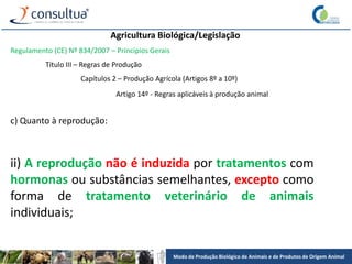 Modo de Produção Biológico de Animais e de Produtos de Origem Animal
Agricultura Biológica/Legislação
Regulamento (CE) Nº 834/2007 – Princípios Gerais
Título III – Regras de Produção
Capítulos 2 – Produção Agrícola (Artigos 8º a 10º)
Artigo 14º - Regras aplicáveis à produção animal
c) Quanto à reprodução:
ii) A reprodução não é induzida por tratamentos com
hormonas ou substâncias semelhantes, excepto como
forma de tratamento veterinário de animais
individuais;
 