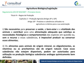 Modo de Produção Biológico de Animais e de Produtos de Origem Animal
Agricultura Biológica/Legislação
Regulamento (CE) Nº 834/2007 – Princípios Gerais
Título III – Regras de Produção
Capítulos 2 – Produção Agrícola (Artigos 8º a 10º)
Artigo 16º - Produtos e substâncias utilizados na
agricultura e critérios para a sua autorização
i) São necessários para preservar a saúde, o bem-estar e a vitalidade dos
animais e contribuir para uma alimentação adequada que satisfaça as
necessidades fisiológicas e comportamentais das espécies em questão ou,
sem o recurso a essas substâncias, é impossível produzir ou conservar
esses alimentos;
ii) Os alimentos para animais de origem mineral, os oligoelementos, as
vitaminas ou as provitaminas são de origem natural. Caso essas
substâncias não estejam disponíveis, podem ser autorizadas para
utilização na produção biológica substâncias análogas quimicamente bem
definidas.
 