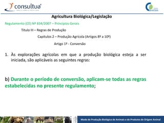 Modo de Produção Biológico de Animais e de Produtos de Origem Animal
Agricultura Biológica/Legislação
Regulamento (CE) Nº 834/2007 – Princípios Gerais
Título III – Regras de Produção
Capítulos 2 – Produção Agrícola (Artigos 8º a 10º)
Artigo 1º - Conversão
1. Às explorações agrícolas em que a produção biológica esteja a ser
iniciada, são aplicáveis as seguintes regras:
b) Durante o período de conversão, aplicam-se todas as regras
estabelecidas no presente regulamento;
 