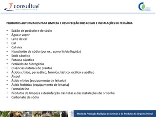 Modo de Produção Biológico de Animais e de Produtos de Origem Animal
PRODUTOS AUTORIZADOS PARA LIMPEZA E DESINFECÇÃO DOS LOCAIS E INSTALAÇÕES DE PECUÁRIA
• Sabão de potássio e de sódio
• Água e vapor
• Leite de cal
• Cal
• Cal viva
• Hipoclorito de sódio (por ex., como lixívia líquida)
• Soda cáustica
• Potassa cáustica
• Peróxido de hidrogénio
• Essências naturais de plantas
• Ácidos cítrico, peracético, fórmico, láctico, oxálico e acético
• Álcool
• Ácido nítrico (equipamento de leitaria)
• Ácido fosfórico (equipamento de leitaria)
• Formaldeído
• Produtos de limpeza e desinfecção das tetas e das instalações de ordenha
• Carbonato de sódio
 