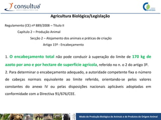 Modo de Produção Biológico de Animais e de Produtos de Origem Animal
Agricultura Biológica/Legislação
Regulamento (CE) nº 889/2008 – Título II
Capítulo 2 – Produção Animal
Secção 2 – Alojamento dos animais e práticas de criação
Artigo 15º - Encabeçamento
1. O encabeçamento total não pode conduzir à superação do limite de 170 kg de
azoto por ano e por hectare de superfície agrícola, referido no n. o 2 do artigo 3º.
2. Para determinar o encabeçamento adequado, a autoridade competente fixa o número
de cabeças normais equivalente ao limite referido, orientando-se pelos valores
constantes do anexo IV ou pelas disposições nacionais aplicáveis adoptadas em
conformidade com a Directiva 91/676/CEE.
 