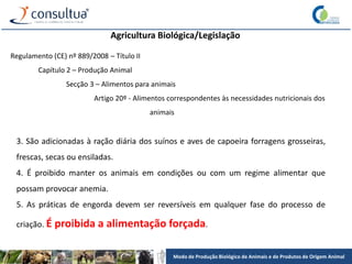 Modo de Produção Biológico de Animais e de Produtos de Origem Animal
Agricultura Biológica/Legislação
Regulamento (CE) nº 889/2008 – Título II
Capítulo 2 – Produção Animal
Secção 3 – Alimentos para animais
Artigo 20º - Alimentos correspondentes às necessidades nutricionais dos
animais
3. São adicionadas à ração diária dos suínos e aves de capoeira forragens grosseiras,
frescas, secas ou ensiladas.
4. É proibido manter os animais em condições ou com um regime alimentar que
possam provocar anemia.
5. As práticas de engorda devem ser reversíveis em qualquer fase do processo de
criação. É proibida a alimentação forçada.
 